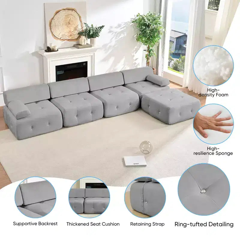 Mjkone Canapé d'angle en velours, canapé modulaire 4 places avec pouf, canapé convertible avec bordure cloutée
