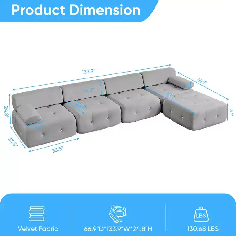 Mjkone Canapé d'angle en velours, canapé modulaire 4 places avec pouf, canapé convertible avec bordure cloutée