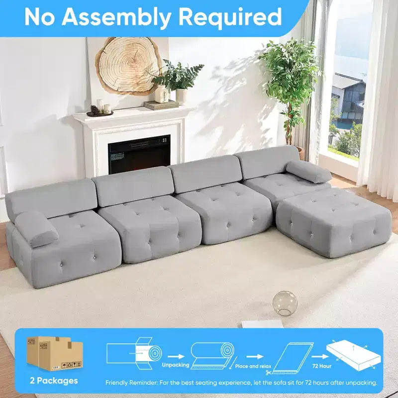 Mjkone Canapé d'angle en velours, canapé modulaire 4 places avec pouf, canapé convertible avec bordure cloutée