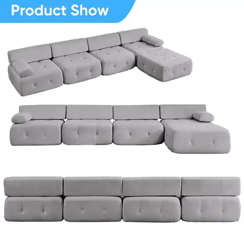 Mjkone Canapé d'angle en velours, canapé modulaire 4 places avec pouf, canapé convertible avec bordure cloutée