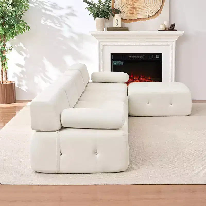 Mjkone Canapé d'angle en velours, canapé modulaire 4 places avec pouf, canapé convertible avec bordure cloutée