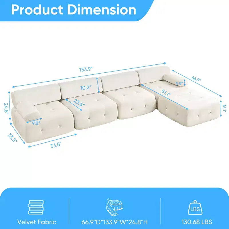 Mjkone Canapé d'angle en velours, canapé modulaire 4 places avec pouf, canapé convertible avec bordure cloutée