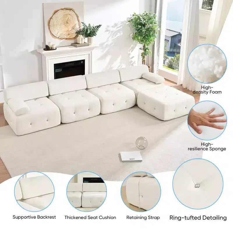 Mjkone Canapé d'angle en velours, canapé modulaire 4 places avec pouf, canapé convertible avec bordure cloutée