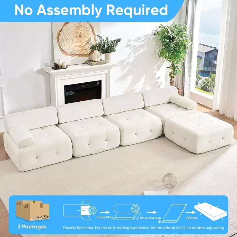 Mjkone Canapé d'angle en velours, canapé modulaire 4 places avec pouf, canapé convertible avec bordure cloutée