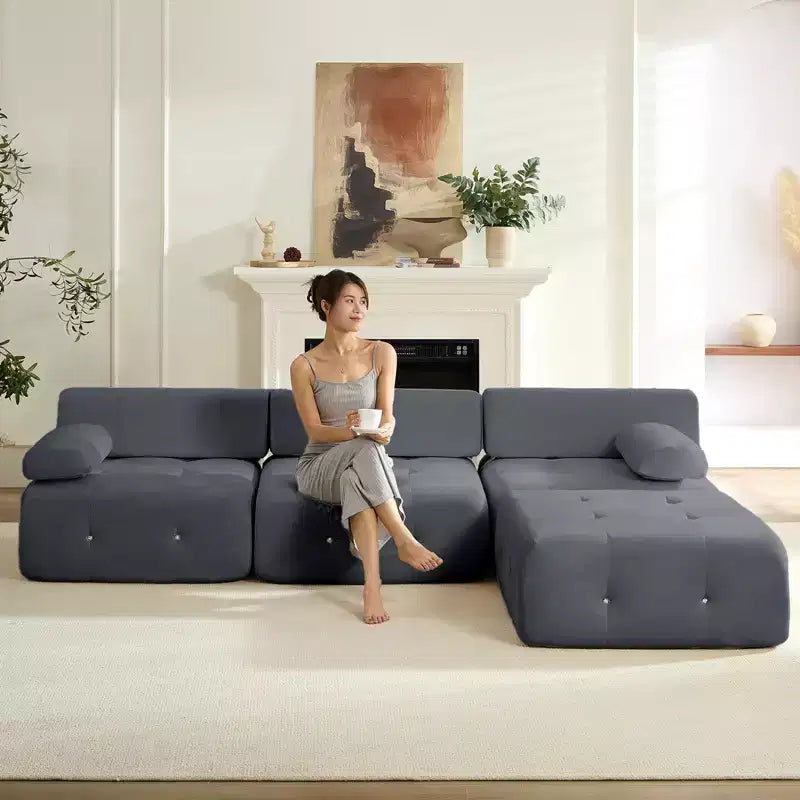 Canapé d'angle modulable 3 places en velours Mjkone avec ottoman, canapés convertibles avec garniture à rivets