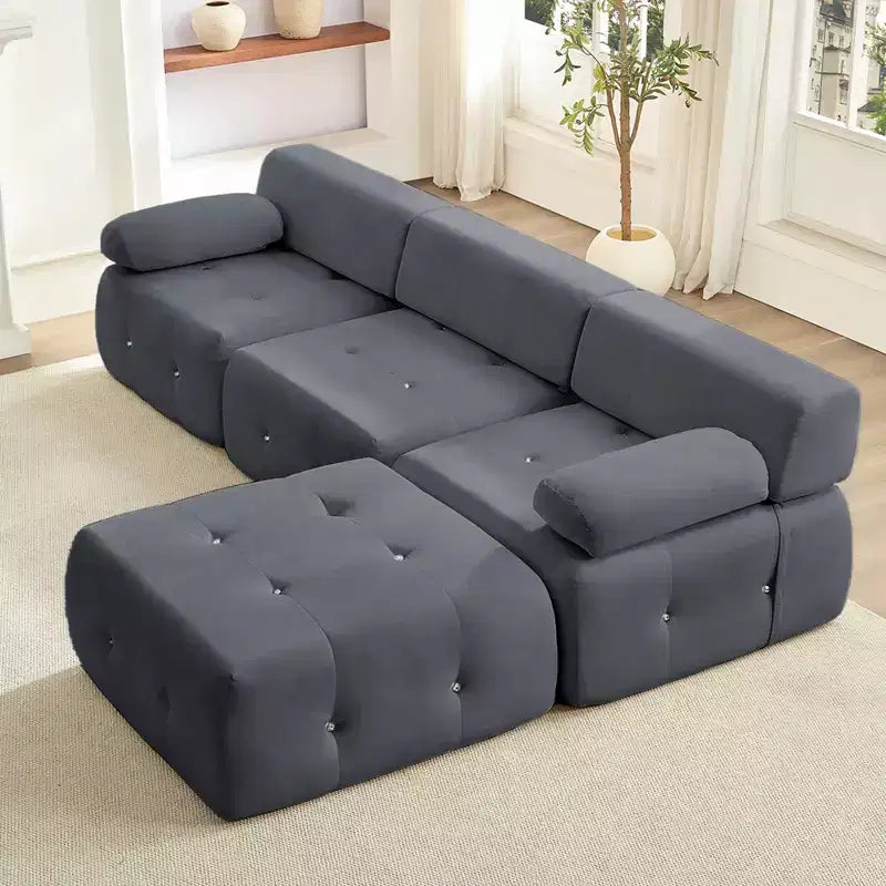 Canapé d'angle modulable 3 places en velours Mjkone avec ottoman, canapés convertibles avec garniture à rivets