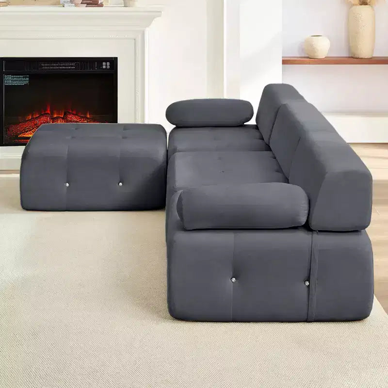 Canapé d'angle modulable 3 places en velours Mjkone avec ottoman, canapés convertibles avec garniture à rivets