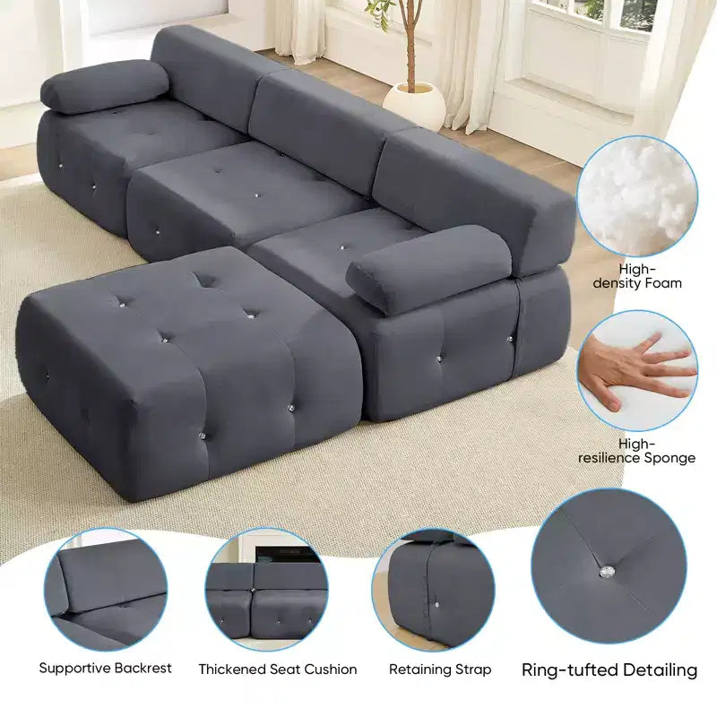 Canapé d'angle modulable 3 places en velours Mjkone avec ottoman, canapés convertibles avec garniture à rivets