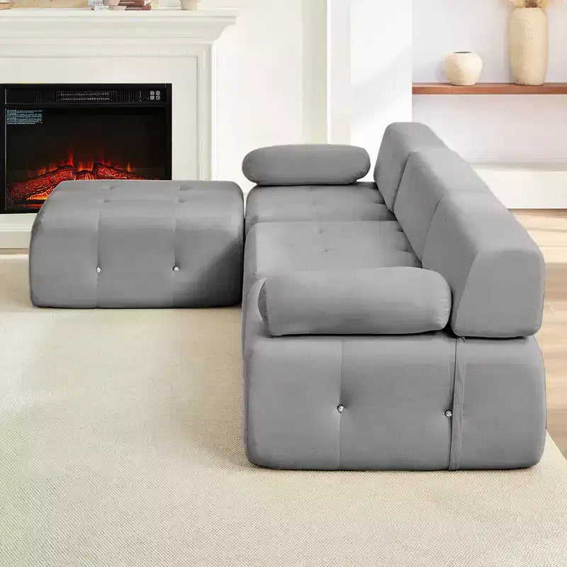 Canapé d'angle modulable 3 places en velours Mjkone avec ottoman, canapés convertibles avec garniture à rivets