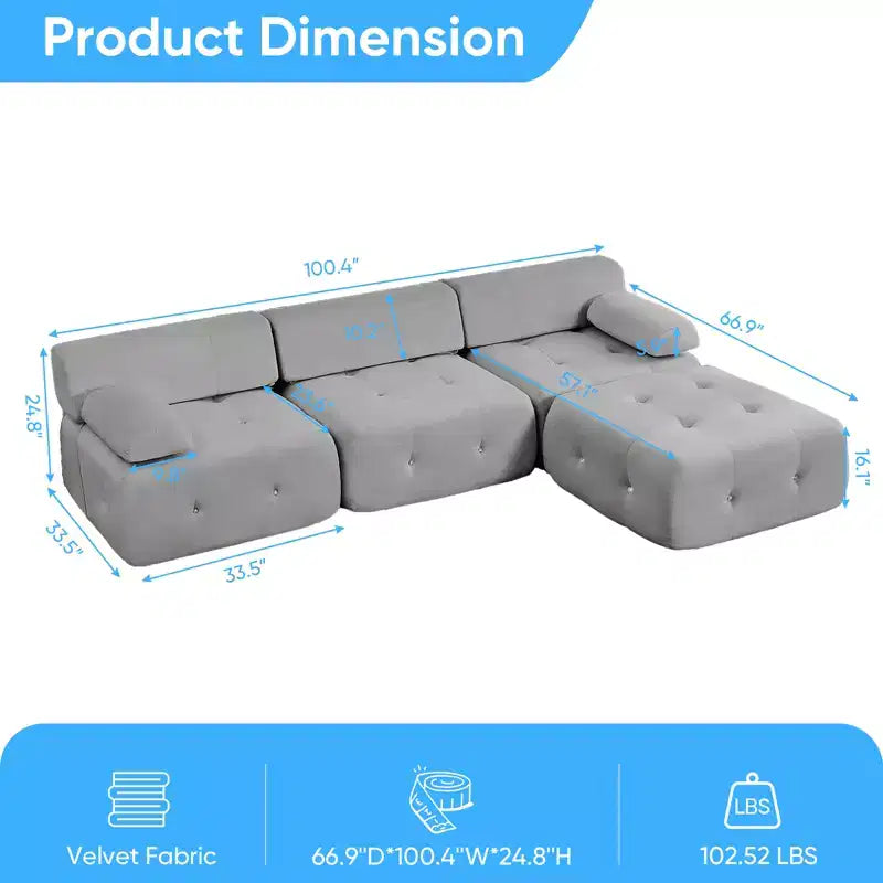 Canapé d'angle modulable 3 places en velours Mjkone avec ottoman, canapés convertibles avec garniture à rivets