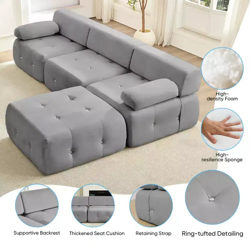 Canapé d'angle modulable 3 places en velours Mjkone avec ottoman, canapés convertibles avec garniture à rivets