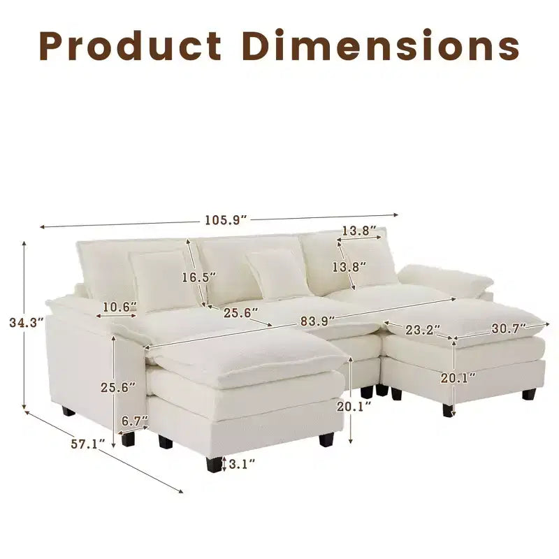 Likepay 105.9 po. Canapé d'angle 5 places en tissu chenille avec 2 poufs