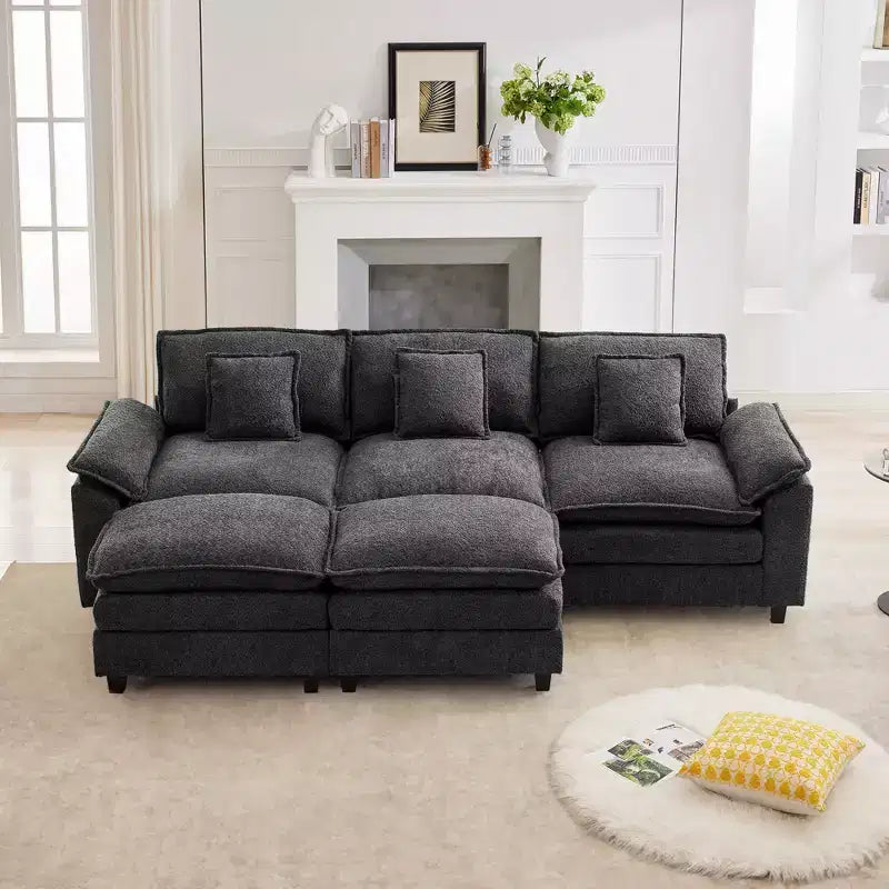 Likepay 105.9 po. Canapé d'angle 5 places en tissu chenille avec 2 poufs