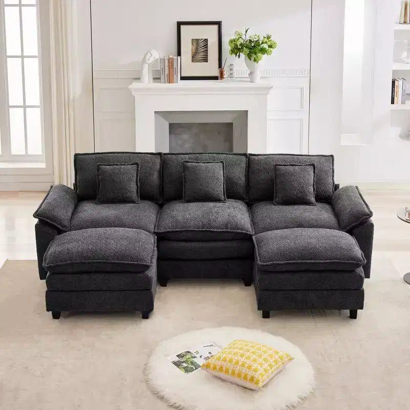 Likepay 105.9 po. Canapé d'angle 5 places en tissu chenille avec 2 poufs