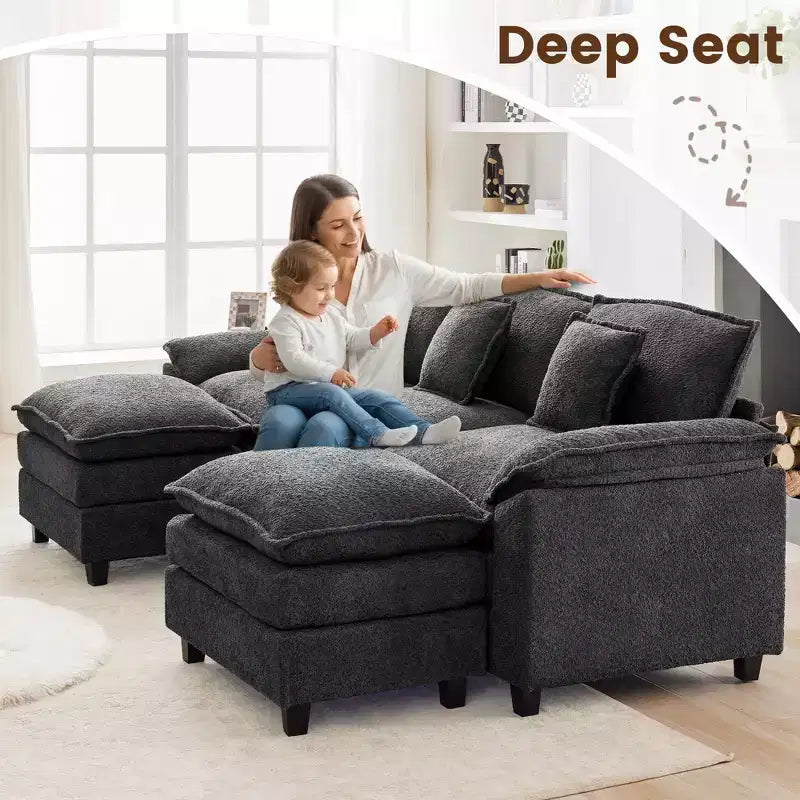 Likepay 105.9 po. Canapé d'angle 5 places en tissu chenille avec 2 poufs