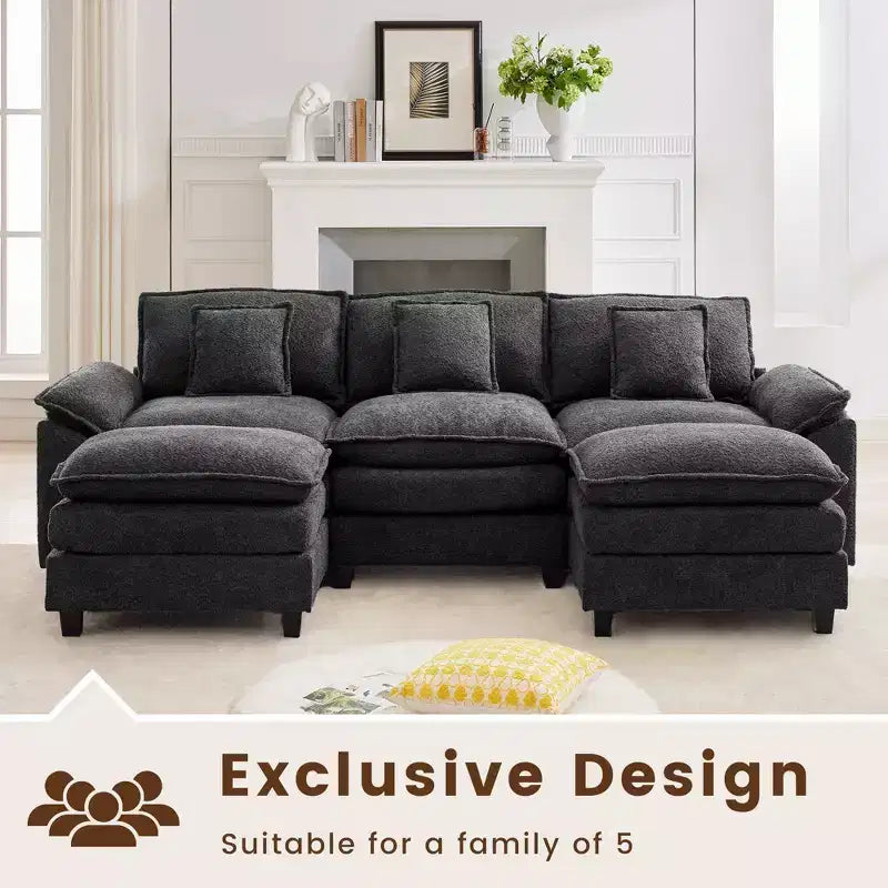 Likepay 105.9 po. Canapé d'angle 5 places en tissu chenille avec 2 poufs