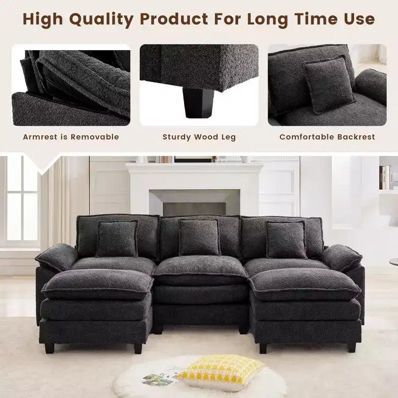 Likepay 105.9 po. Canapé d'angle 5 places en tissu chenille avec 2 poufs