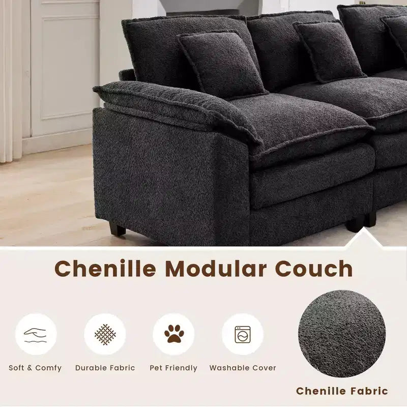 Likepay 105.9 po. Canapé d'angle 5 places en tissu chenille avec 2 poufs