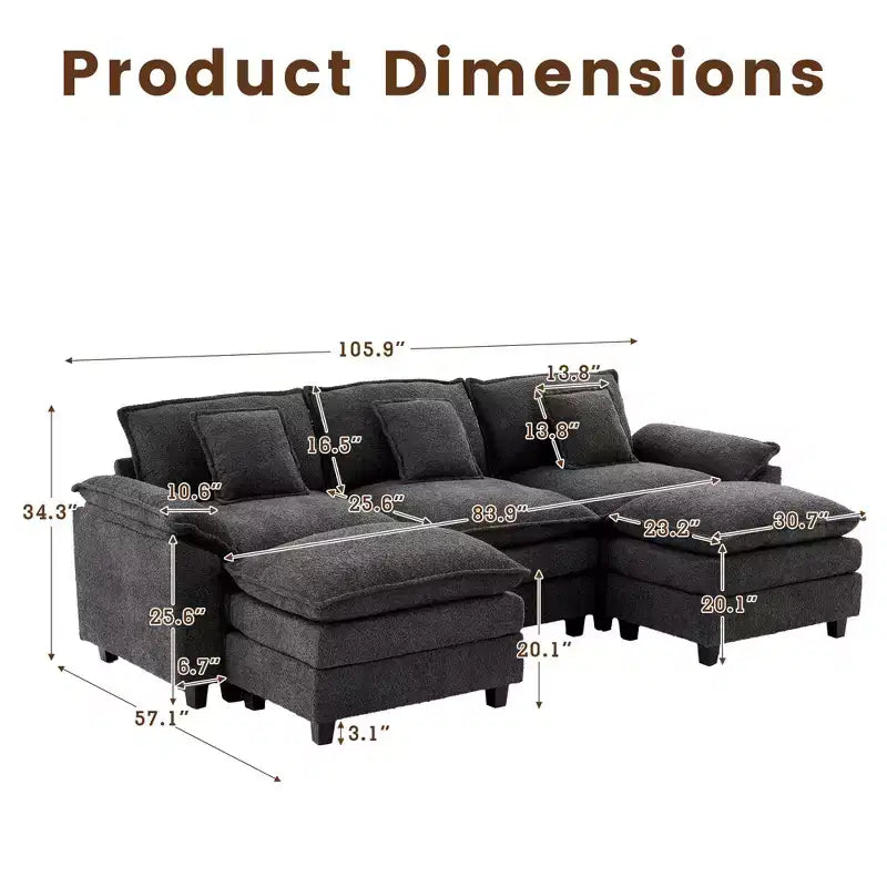 Likepay 105.9 po. Canapé d'angle 5 places en tissu chenille avec 2 poufs