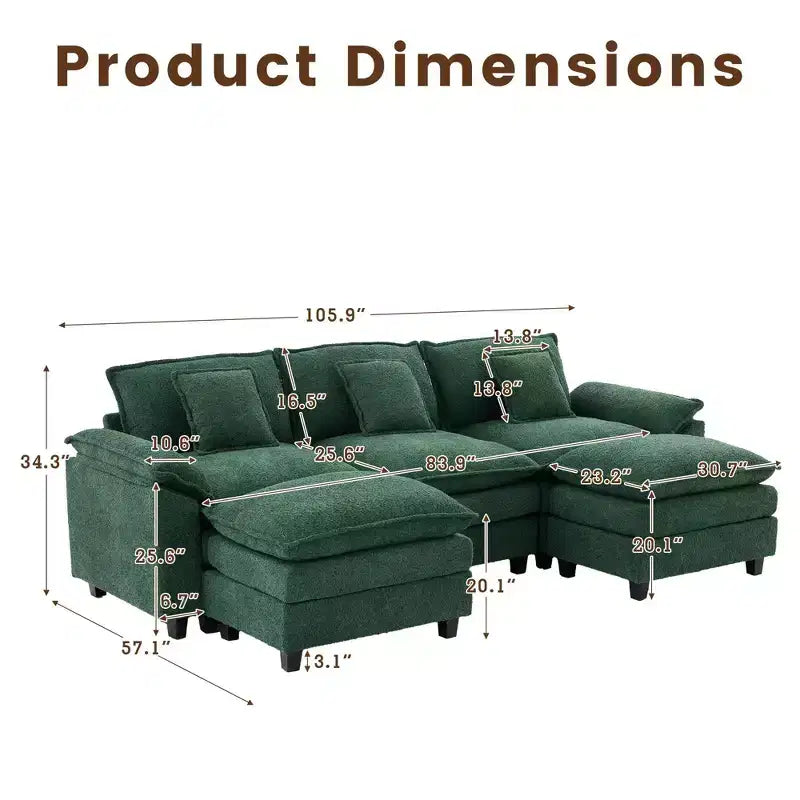 Likepay 105.9 po. Canapé d'angle 5 places en tissu chenille avec 2 poufs