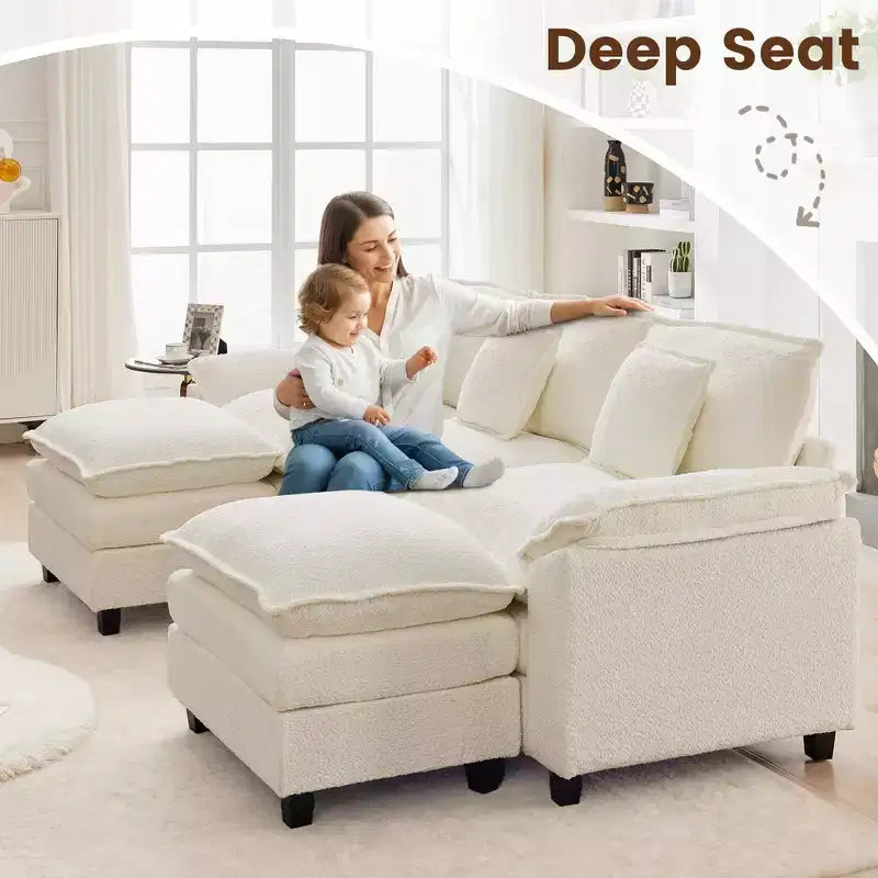 Likepay 105.9 po. Canapé d'angle 5 places en tissu chenille avec 2 poufs