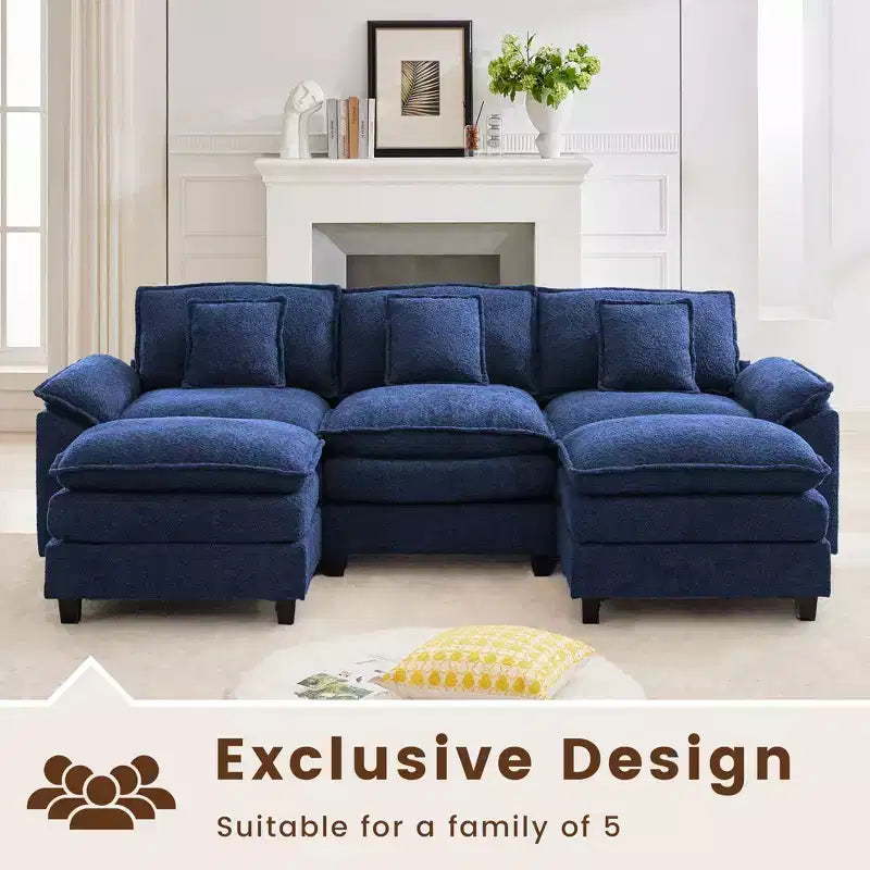 Likepay Canapé sectionnel 5 places en tissu chenille de 269 cm avec 2 poufs, bleu foncé