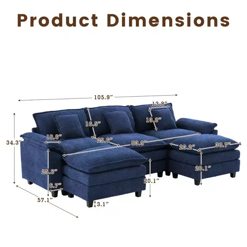 Likepay Canapé sectionnel 5 places en tissu chenille de 269 cm avec 2 poufs, bleu foncé
