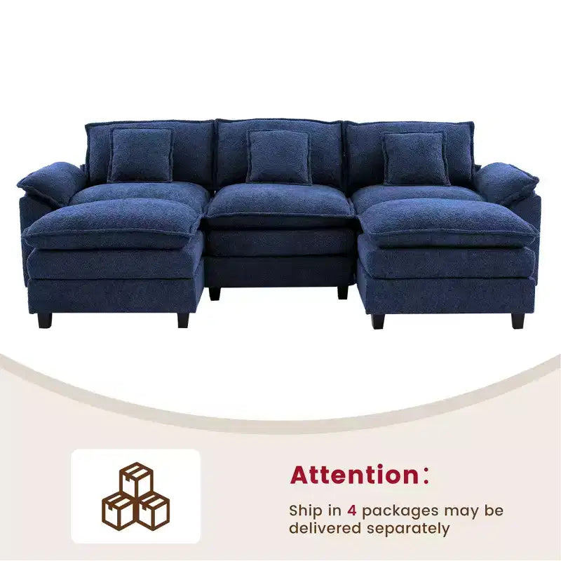 Likepay Canapé sectionnel 5 places en tissu chenille de 269 cm avec 2 poufs, bleu foncé