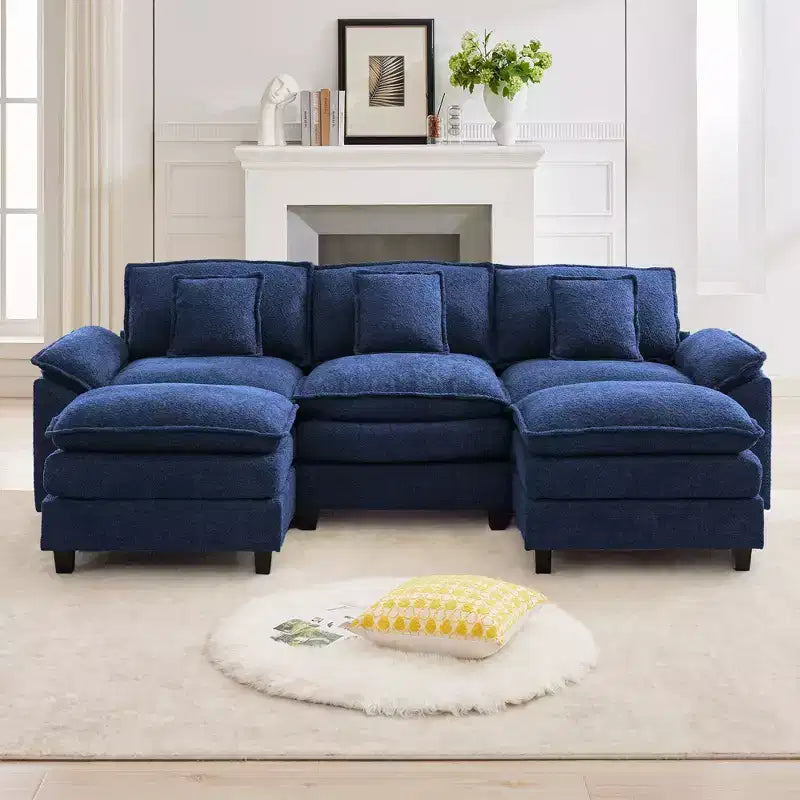 Likepay Canapé sectionnel 5 places en tissu chenille de 269 cm avec 2 poufs, bleu foncé