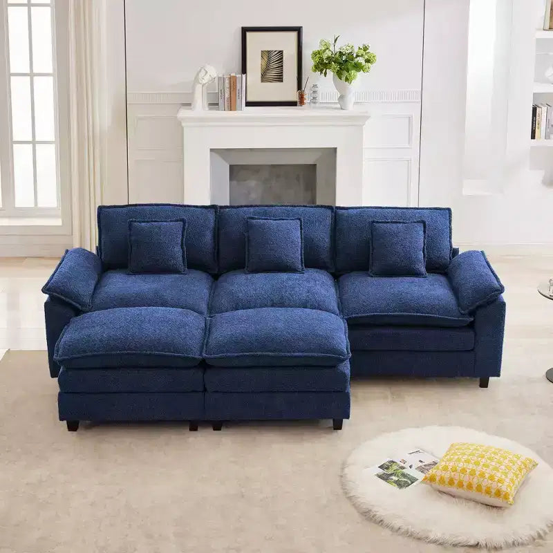Likepay Canapé sectionnel 5 places en tissu chenille de 269 cm avec 2 poufs, bleu foncé