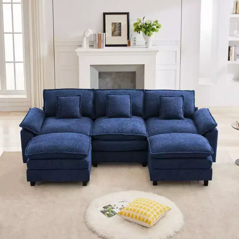 Likepay Canapé sectionnel 5 places en tissu chenille de 269 cm avec 2 poufs, bleu foncé