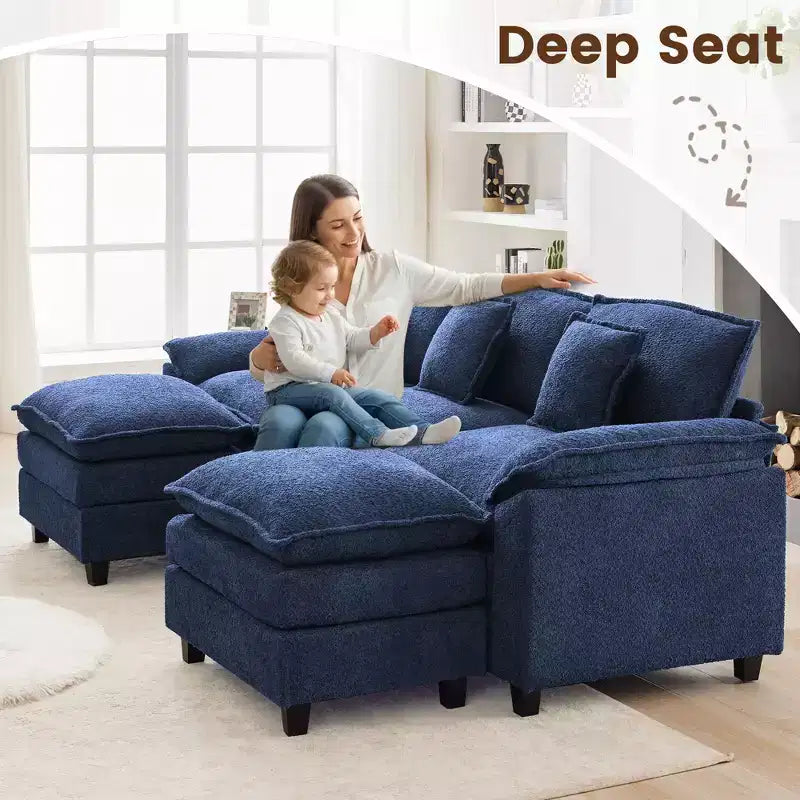 Likepay Canapé sectionnel 5 places en tissu chenille de 269 cm avec 2 poufs, bleu foncé