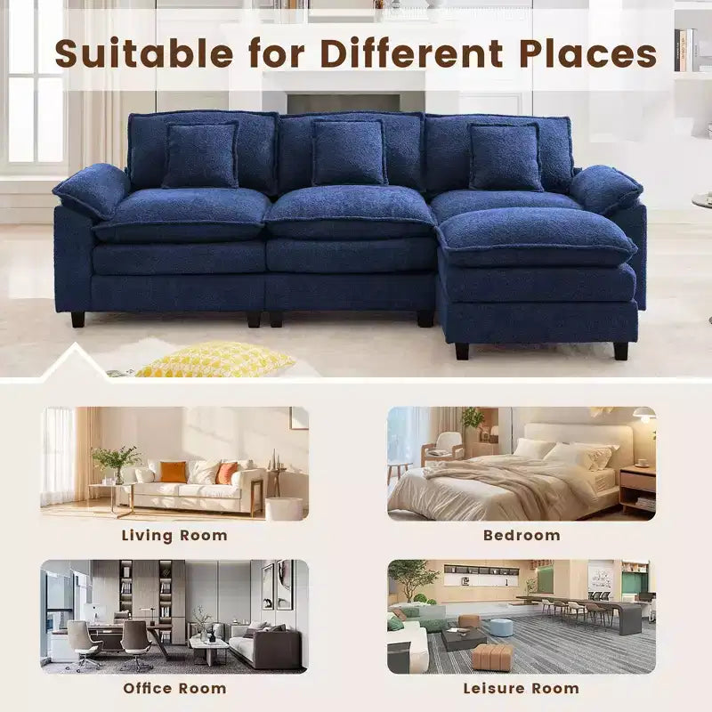 Likepay Canapé sectionnel 5 places en tissu chenille de 269 cm avec 2 poufs, bleu foncé