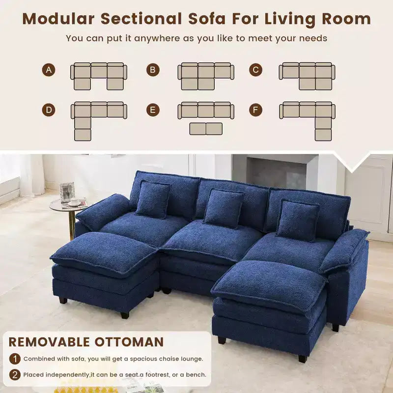 Likepay Canapé sectionnel 5 places en tissu chenille de 269 cm avec 2 poufs, bleu foncé