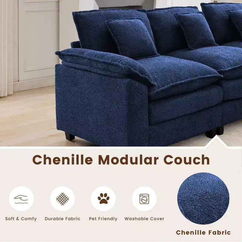 Likepay Canapé sectionnel 5 places en tissu chenille de 269 cm avec 2 poufs, bleu foncé