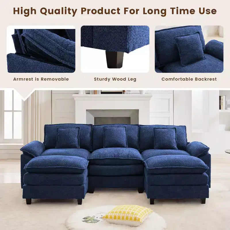 Likepay Canapé sectionnel 5 places en tissu chenille de 269 cm avec 2 poufs, bleu foncé