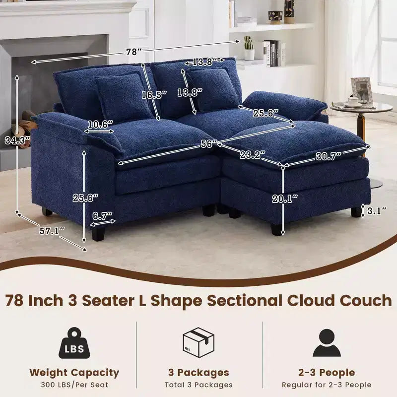 HYLEORY Canapé d'angle 3 places en tissu chenille de 190 cm avec pouf