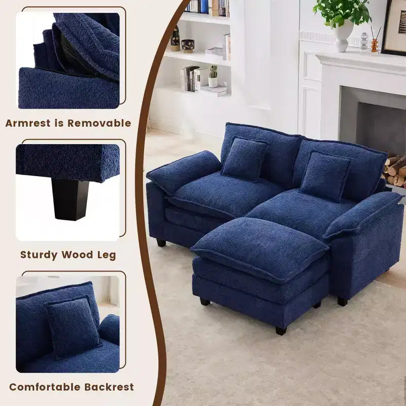 HYLEORY Canapé d'angle 3 places en tissu chenille de 190 cm avec pouf