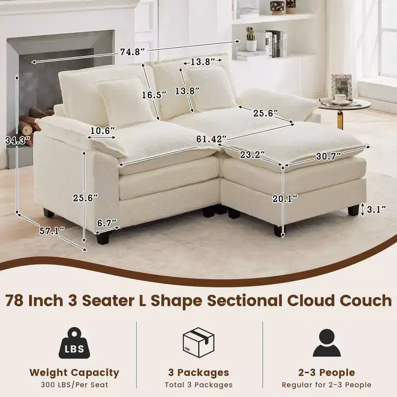 HYLEORY Canapé d'angle 3 places en tissu chenille de 190 cm avec pouf