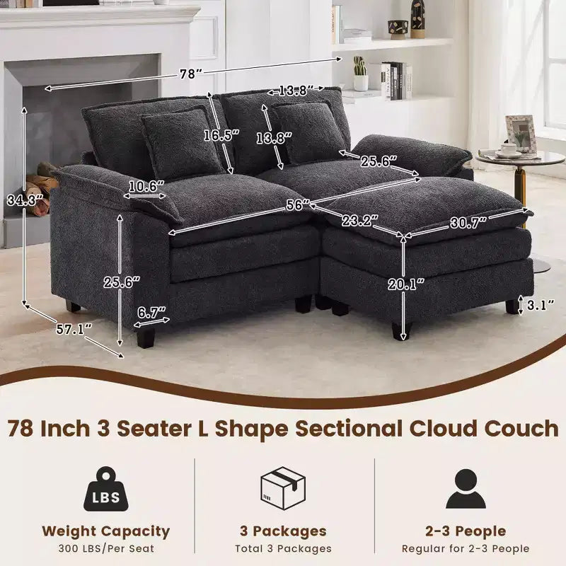 HYLEORY Canapé d'angle 3 places en tissu chenille de 190 cm avec pouf