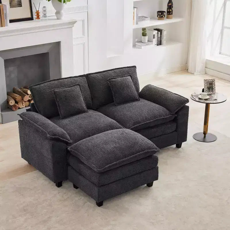 HYLEORY Canapé d'angle 3 places en tissu chenille de 190 cm avec pouf