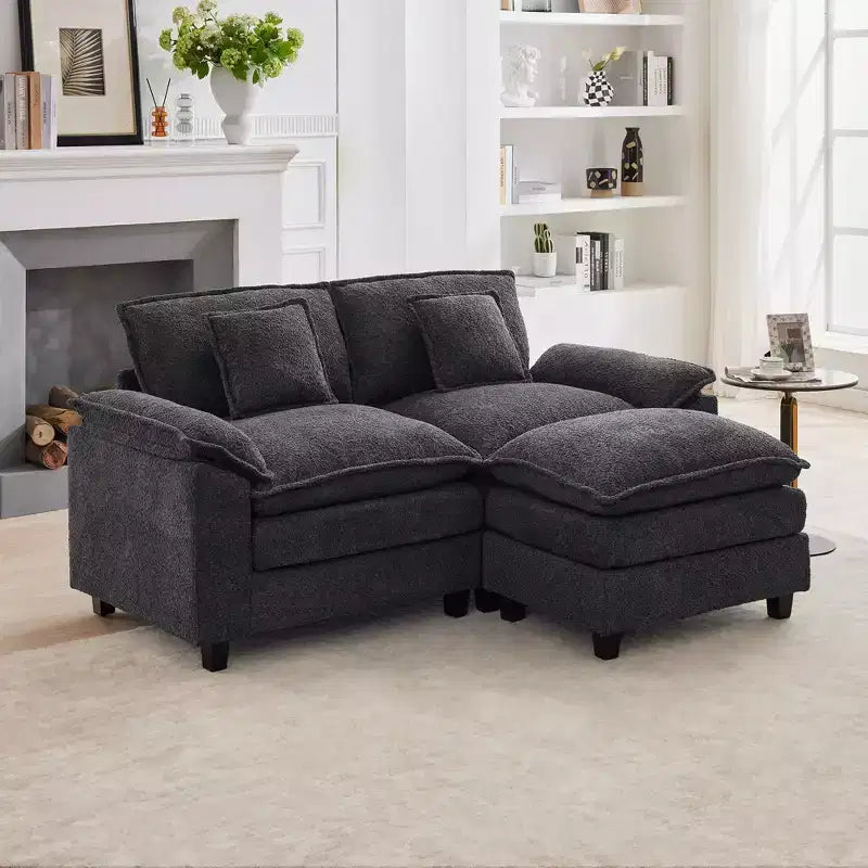 HYLEORY Canapé d'angle 3 places en tissu chenille de 190 cm avec pouf