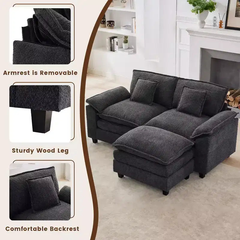 HYLEORY Canapé d'angle 3 places en tissu chenille de 190 cm avec pouf