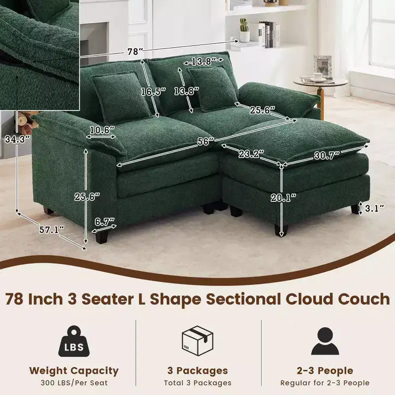 HYLEORY Canapé d'angle 3 places en tissu chenille de 190 cm avec pouf