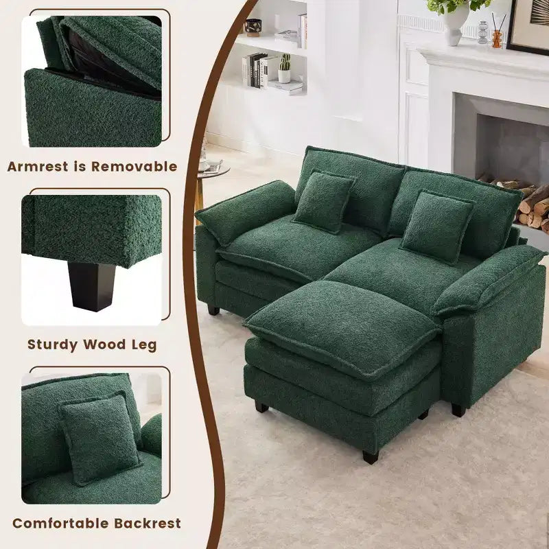HYLEORY Canapé d'angle 3 places en tissu chenille de 190 cm avec pouf