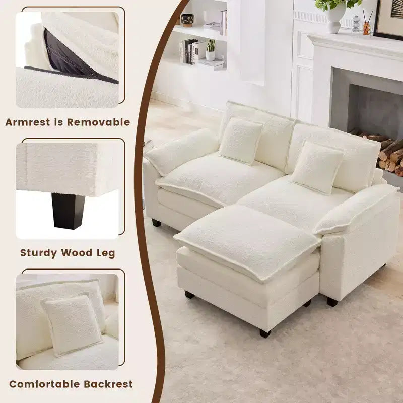 HYLEORY Canapé d'angle 3 places en tissu chenille de 190 cm avec pouf