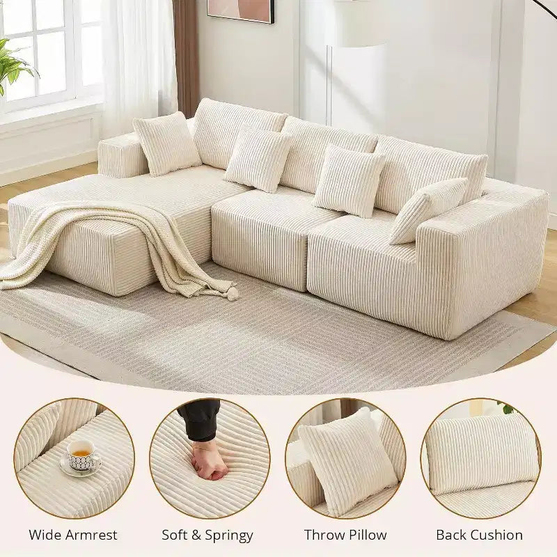 Canapé d'angle Acekool 108 places en velours côtelé sans assemblage avec méridienne et assise profonde pour salons