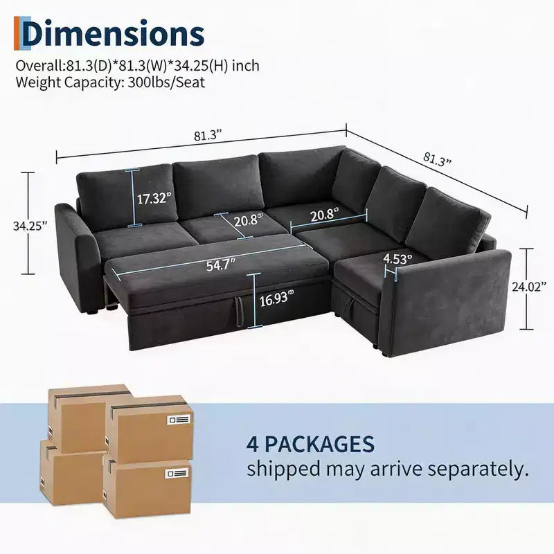 Canapé d'angle en chenille en U Acekool, gris | Lit gigogne, ensemble de 6 pièces avec pouf et rangement caché | Profondeur d'assise de 44 po