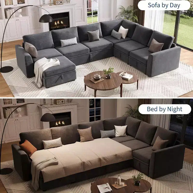 Canapé d'angle en chenille en U Acekool, gris | Lit gigogne, ensemble de 6 pièces avec pouf et rangement caché | Profondeur d'assise de 44 po