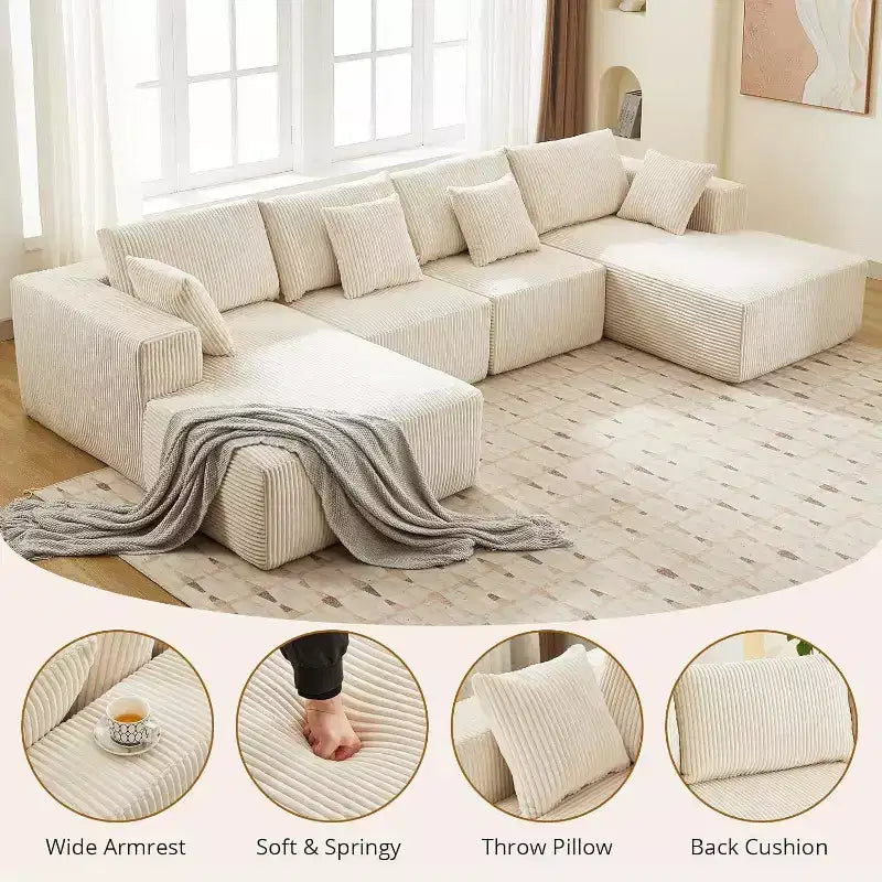 Acekool 137 Canapé d'angle en velours côtelé en forme de U, sans assemblage, avec méridienne convertible et assise profonde pour salons (Blanc)